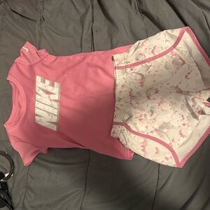 Nike Girls Pink and White Athletic Tee & Floral Shorts Set